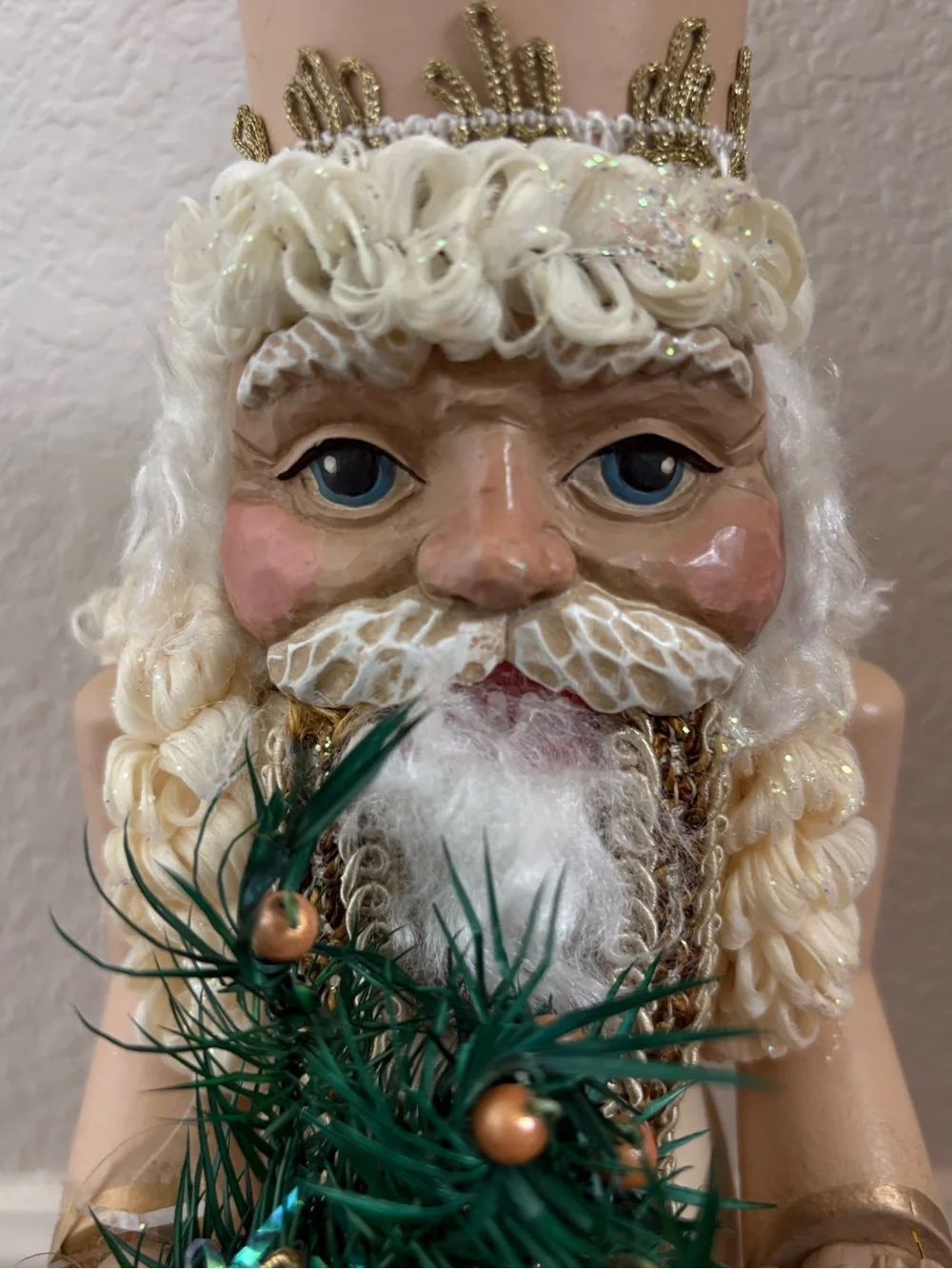 Vintage Wooden Santa Claus Nutcracker Figurine White Gold Elegant Holiday Decor